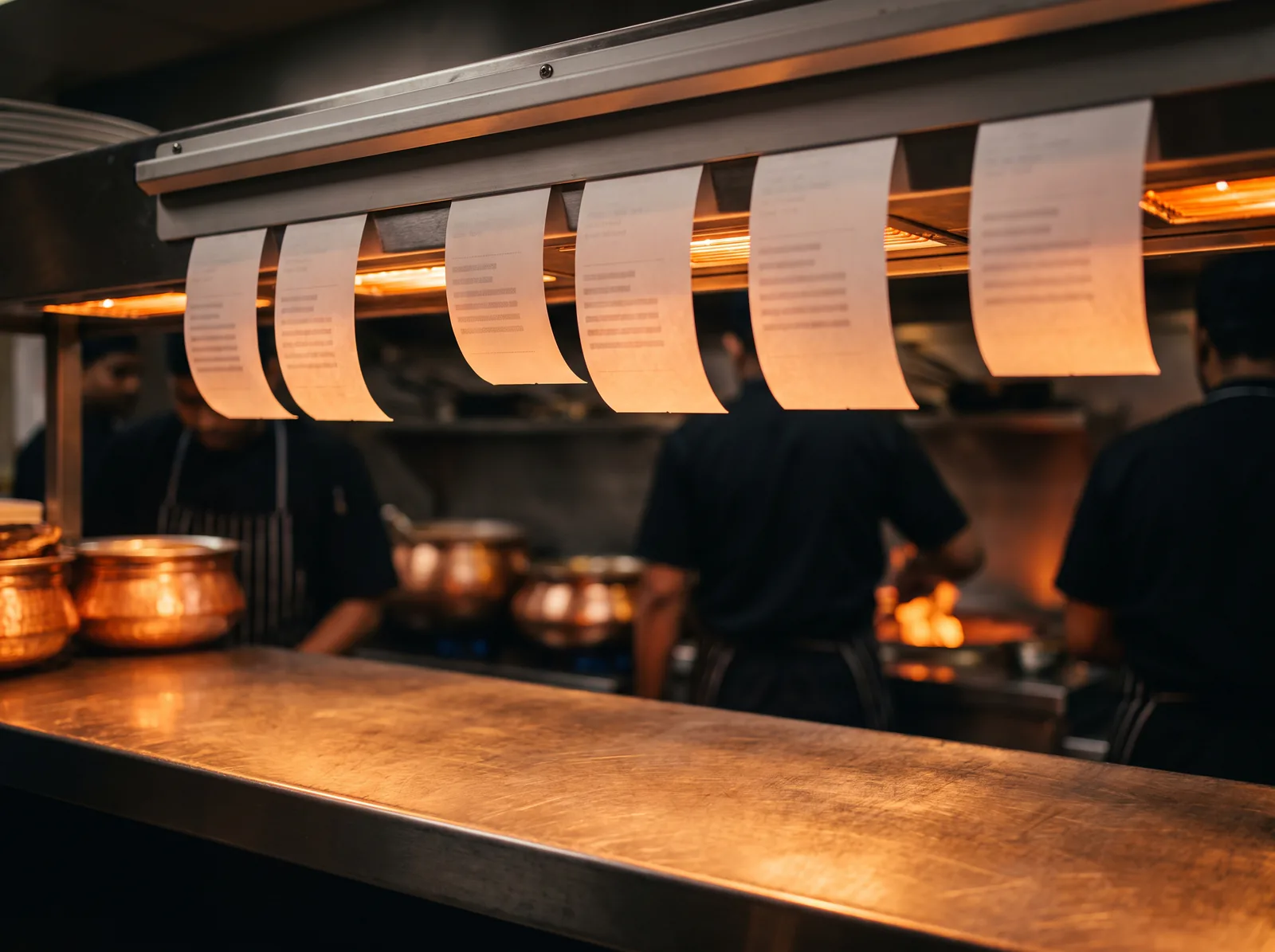 Order tickets clipped on a rail under heat lamps at a steel kitchen pass, cooks working out of focus behind.
