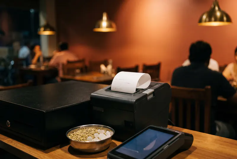 A thermal printer prints a bill on a restaurant billing counter beside a cash drawer, a bowl of saunf and a card machine.